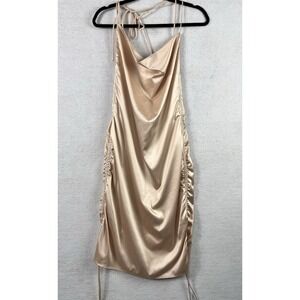 LEAU Satin Cowl Neck Slip Dress Champagne Nude Ruched Sides Sz L New No Tags